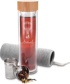 Navaris Glazen Theefles Met Filter - 450 Ml - Waterfles Van Glas - Dubbelwandige Drinkfles - Fles Met Bamboe Dop, Thee Infuser En Hoes - Travel Design