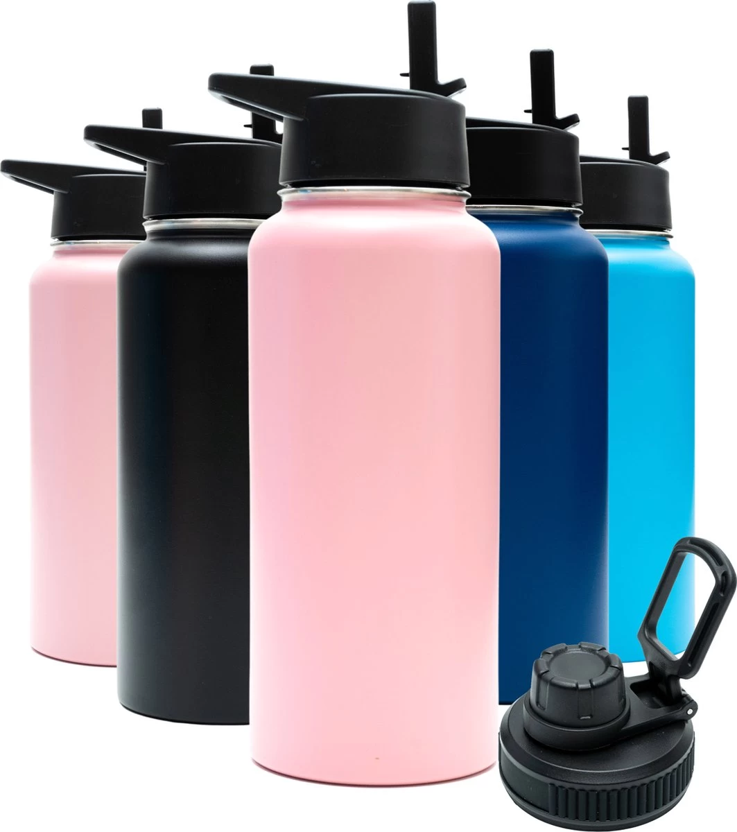 Thermosfles - Pastel Pink - 1 Liter - Extra Dop Met Rietje & Drinktuit - Thermosflessen - Isoleerfles - BPA Vrij - Lekvrij - Thermosfles 1 Liter - Isoleerfles 1 Liter - Thermoskan - Isoleerbeker - Thermosbeker