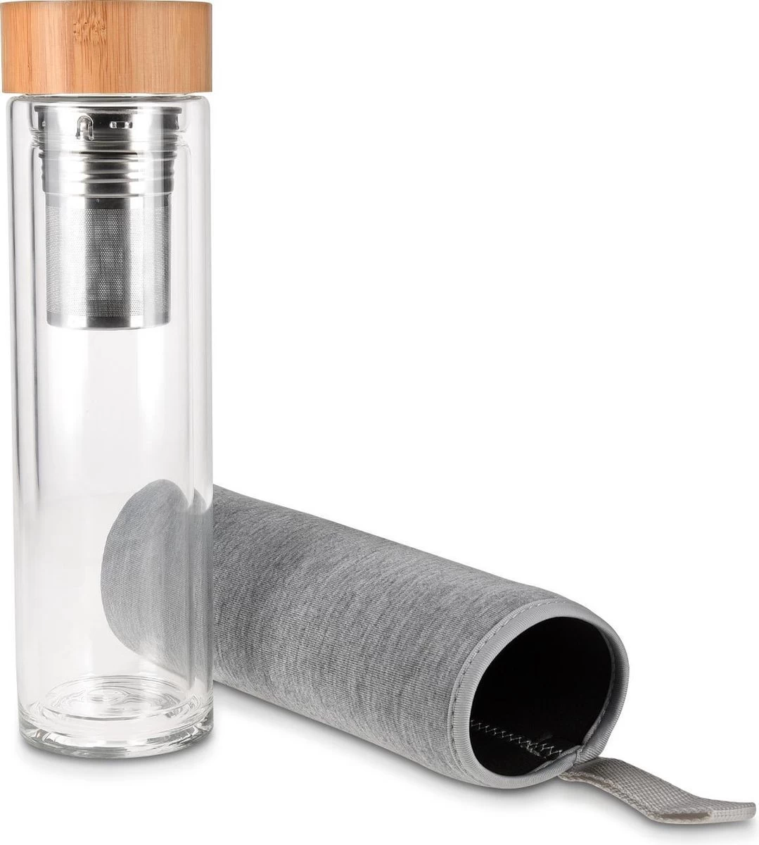 Navaris Glazen Theefles Met Filter - 500 Ml - Waterfles Van Glas - Dubbelwandige Drinkfles - Fles Met Bamboe Dop, Thee Infuser En Hoes - Afbeelding 7