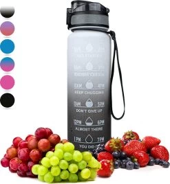 Nimma® Motivatie Waterfles - 1 Liter Drinkfles - Met Tijdmarkeringen En Fruitfilter - Zwart Wit