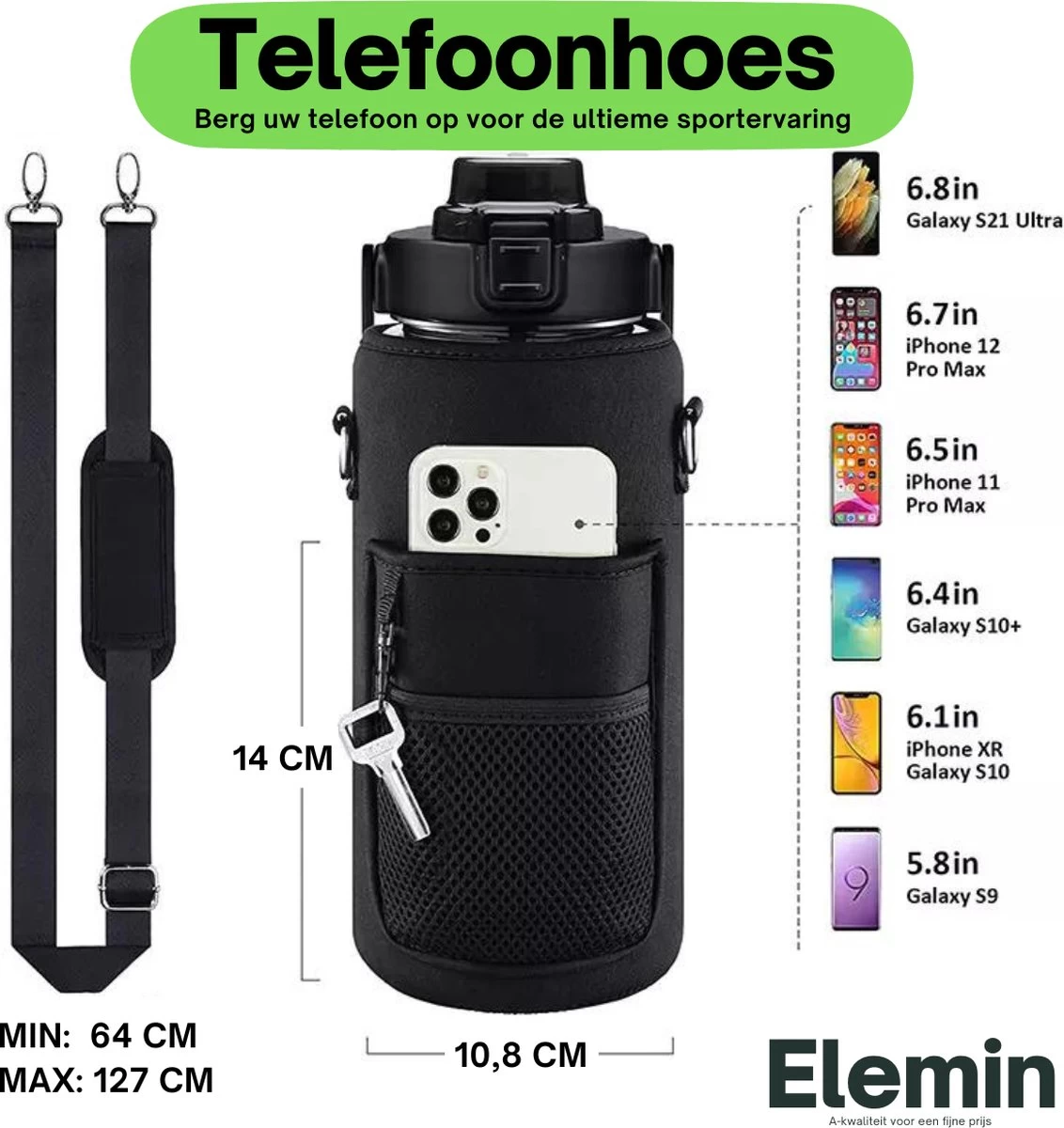 Waterfles 2 Liter + Hoes En Draagband Voor Telefoon - Sportfles - Sport Bidon - Waterfles Met Rietje - Waterkan - Gallon - Schenkfles - Bottle - Drinkfles 2 Liter - Afbeelding 5