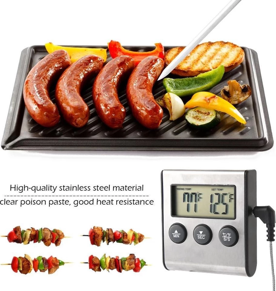 2-in-1 Magnetische Digitale Kern Thermometer Met Keuken Timer Alarm -0-250 Graden Celcius - Magnetische Vloeistof/Vlees Temperatuurmeter Met Meetsonde Draad & Kook Timer - Afbeelding 5