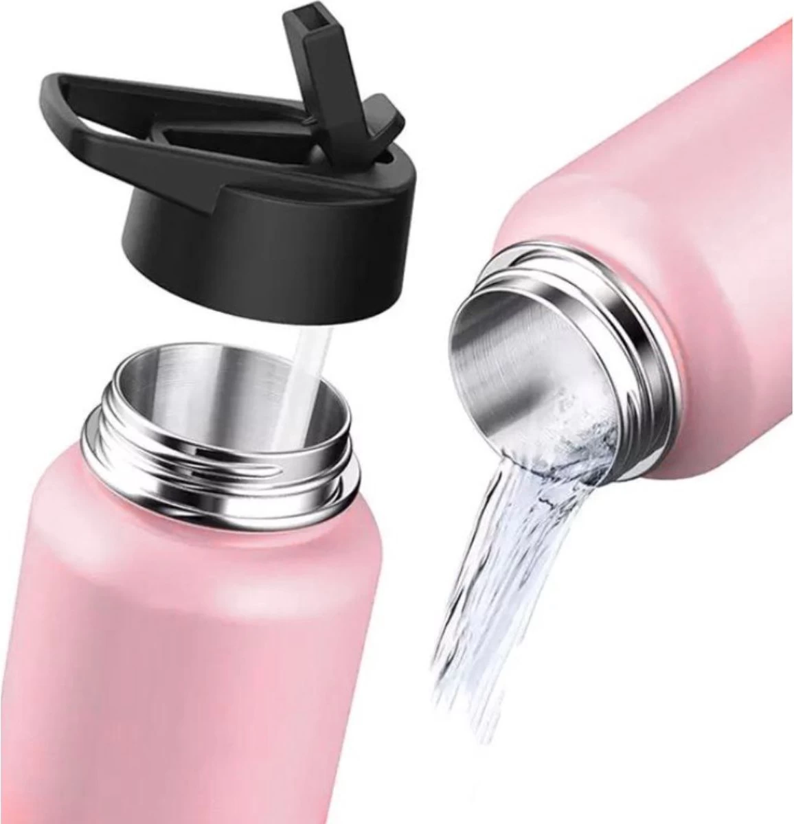 Thermosfles - Pastel Pink - 1 Liter - Extra Dop Met Rietje & Drinktuit - Thermosflessen - Isoleerfles - BPA Vrij - Lekvrij - Thermosfles 1 Liter - Isoleerfles 1 Liter - Thermoskan - Isoleerbeker - Thermosbeker - Afbeelding 3