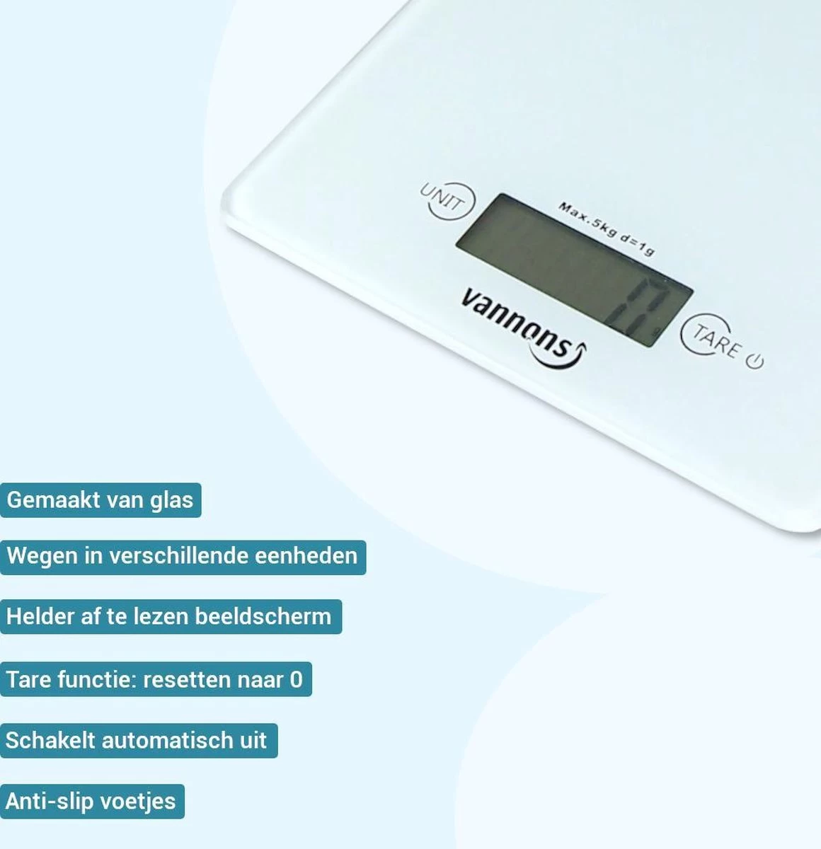 Vannons - Keukenweegschaal - Keukenweegschaal Digitaal - Precisie Weegschaal Tot 5 Kilo - Glas - Wit - Afbeelding 3