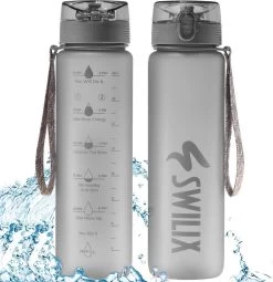 Swilix ® Drinkfles - 1 Liter - Drinkfles Met Tijdmarkering - Grijs