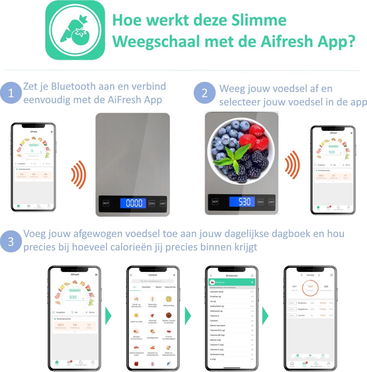 Hermanos® Digitale Precisie Keukenweegschaal - Weegschaal Keuken - 1 Gr Tot 15 Kg - Tarra Functie - Bluetooth Met Voedingsapp - Incl. Batterijen - RVS - Afbeelding 6