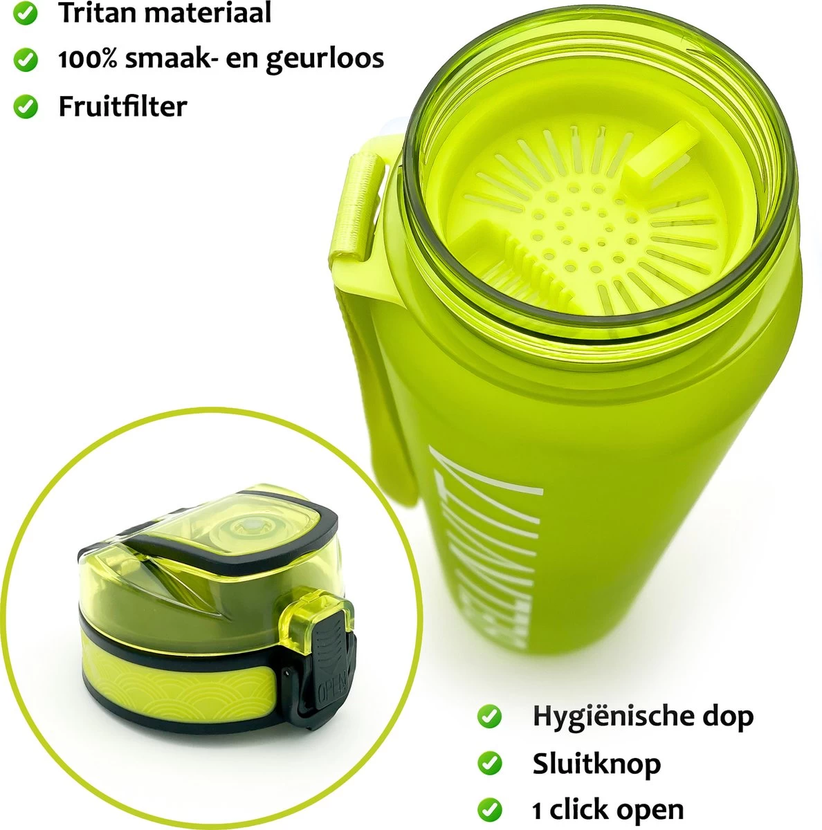 BELLAVITA Drinkfles - Groen - Waterfles - Drinkfles Volwassenen - Drinkfles Kinderen - Drinkfles 1 Liter - Fles - 1 Liter - 1000ml - Tritan - Fruitfilter- BPA-vrij - 100% Lekvrij - Afbeelding 4