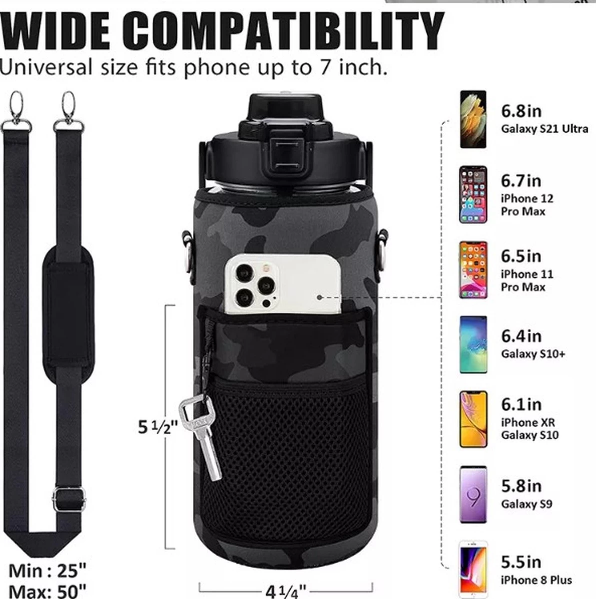 Merkloos Waterfles 2 Liter MET Sleeve Camo Zwart - Gratis Armband! - Waterfles Met Rietje -Drinkfles Met Rietje - Grote Waterfles - Bottle 2 Liter - Sportbidon - Sportfles Fitness - Waterkan - Gallon - Schenkfles - Waterflessen - Drinkbus - Afbeelding 5