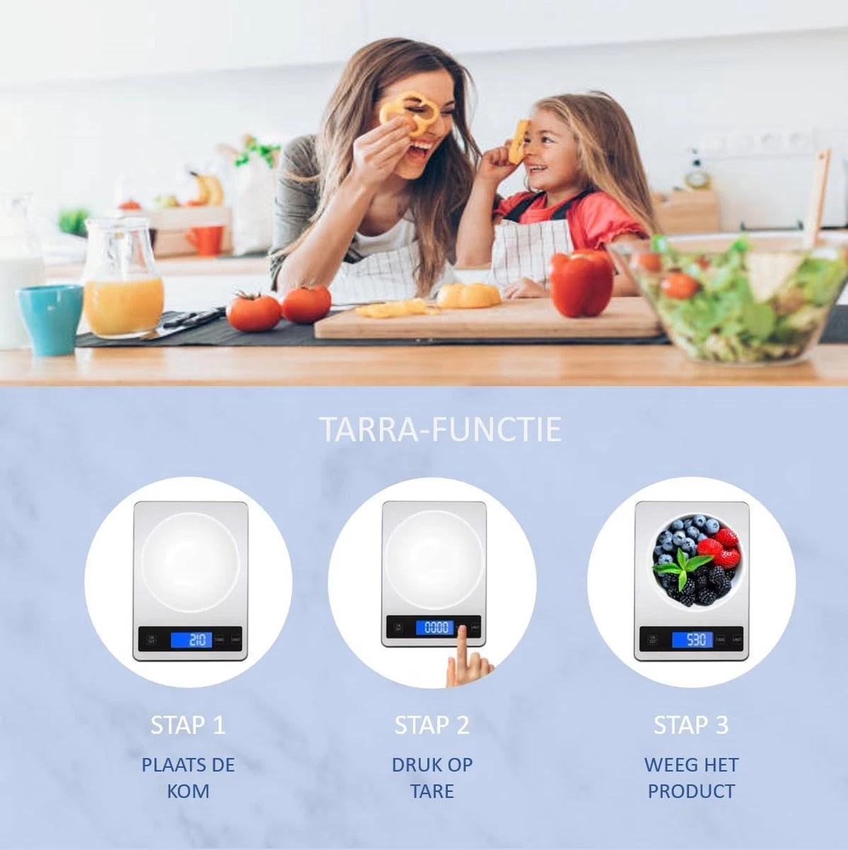 Hermanos® Digitale Precisie Keukenweegschaal - Weegschaal Keuken - 1 Gr Tot 15 Kg - Tarra Functie - Bluetooth Met Voedingsapp - Incl. Batterijen - RVS - Afbeelding 5