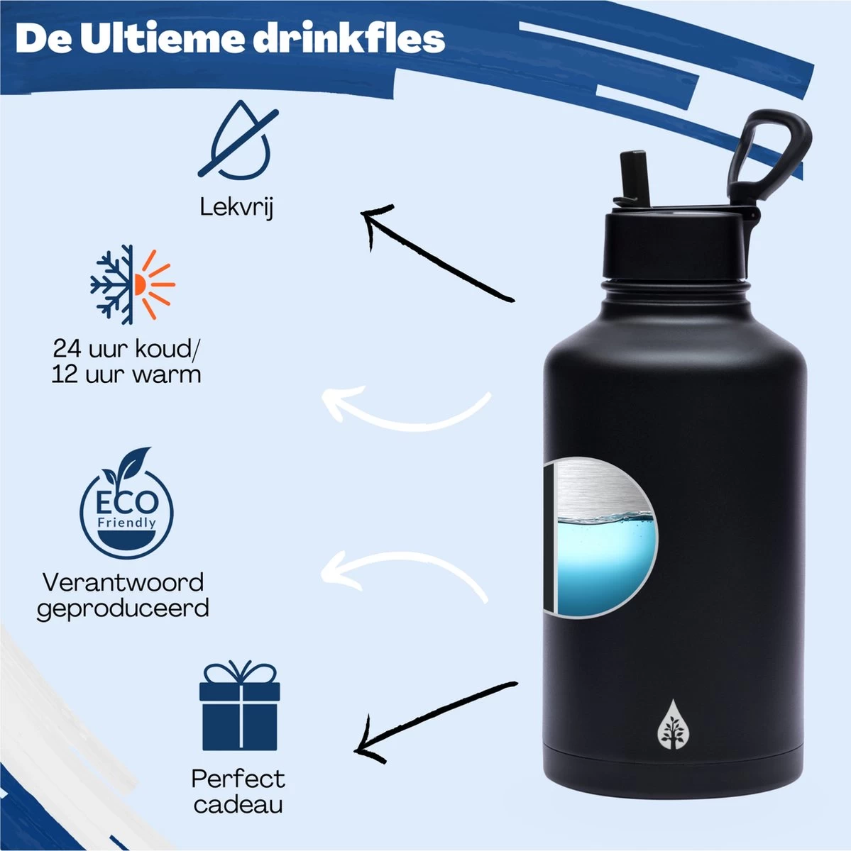 Drinkfles 2 Liter Met Rietje Waterjug Volwassenen - Complete Set - RVS 2L - 24uur Koud/12 Uur Warm - Zwart - Afbeelding 2