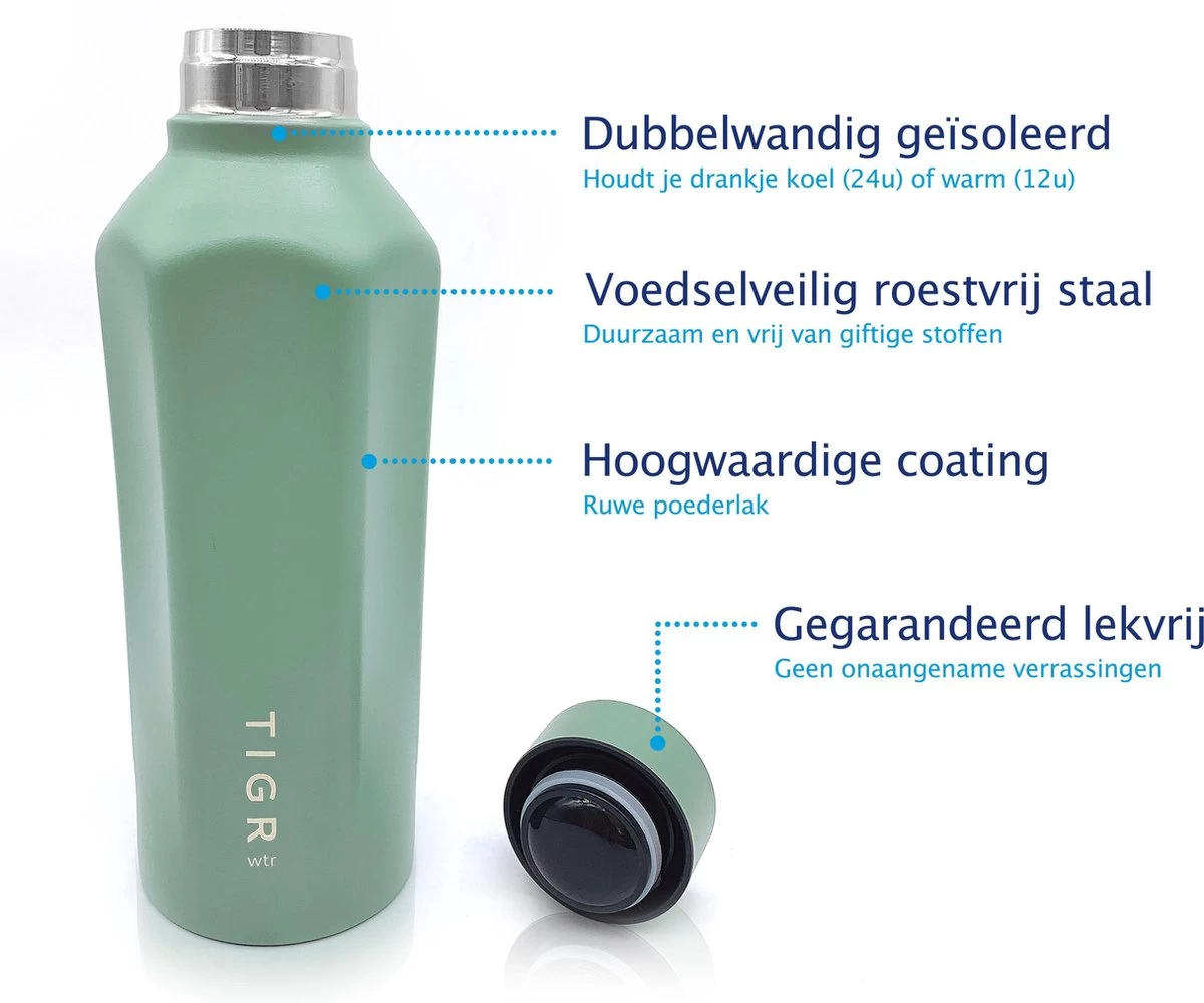 TIGR Hexagon - Drinkfles - Thermosfles - RVS - 500ml - Groen - Met Afwasborstel - Afbeelding 2