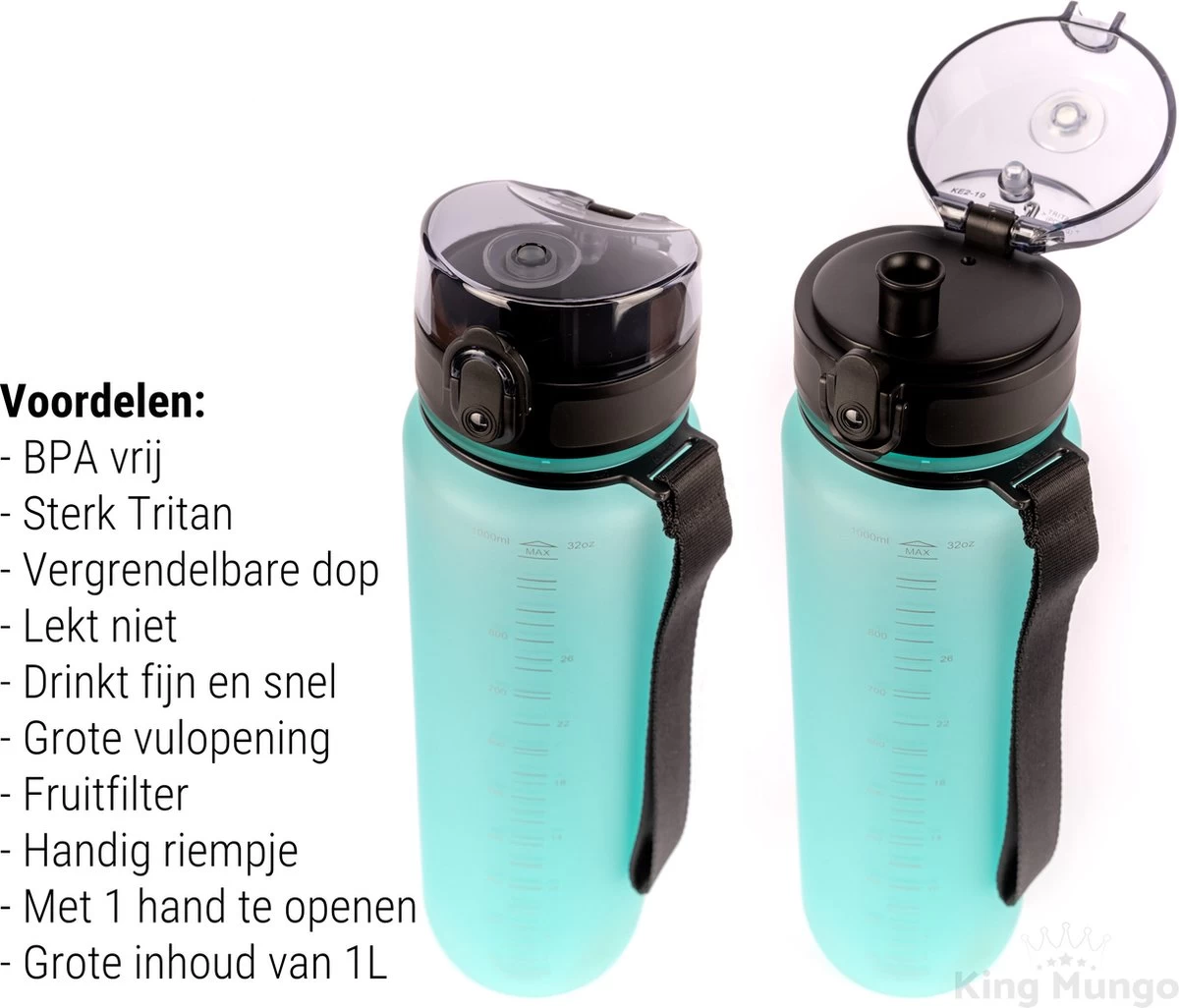 Drinkfles - 1 Liter - Sport Bidon Drinkbus 1000ml - Lichtblauw - King Mungo KMDF043 - Afbeelding 2