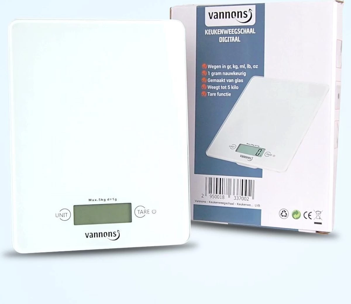 Vannons - Keukenweegschaal - Keukenweegschaal Digitaal - Precisie Weegschaal Tot 5 Kilo - Glas - Wit - Afbeelding 6