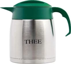 Isoleerkan EasyClean 1,2 Liter Rvs Met Opschrift THEE En Groen Kunststof Dop En Handgreep