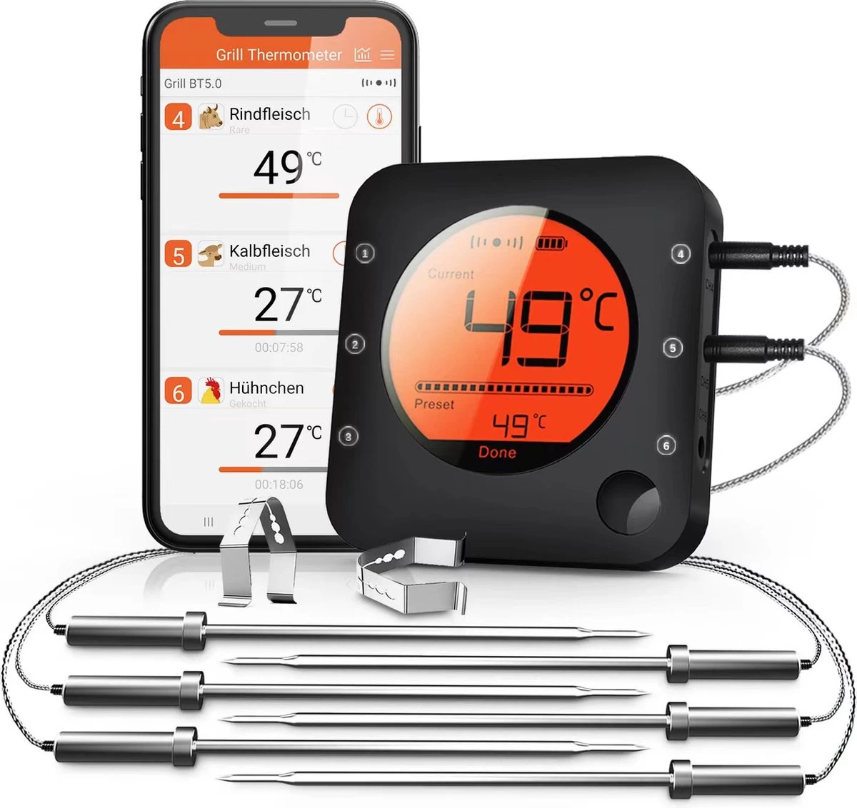 Claire BF-5 BBQ Thermometer - Vleesthermometer - Oventhermometer - Draadloos Met App - Incl. Batterijen En 6 Meetsondes