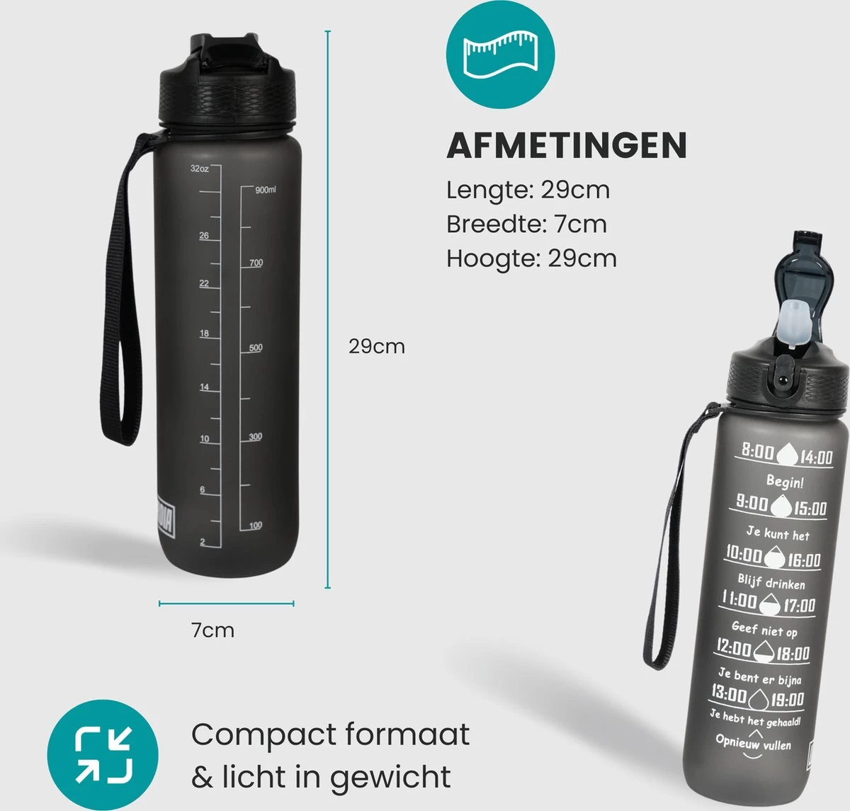 Lacardia Nederlandse Motivatie Waterfles Grijs 'Nederlandse Tekst' - Drinkfles Met Rietje - Waterfles 1 Liter - Waterfles Met Tijdmarkering - Afbeelding 7