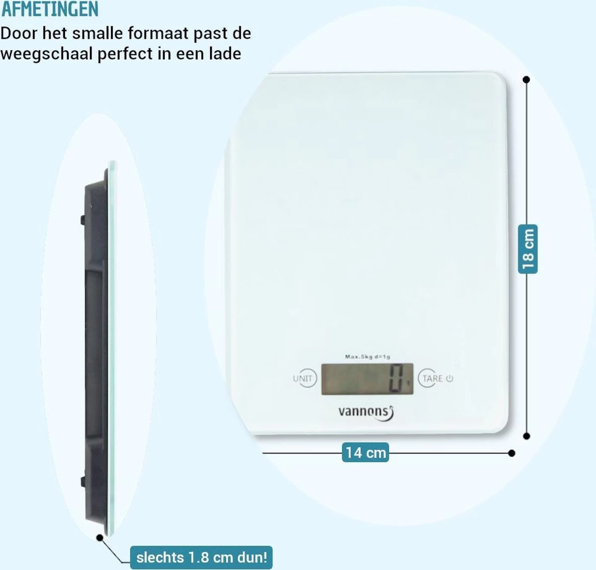 Vannons - Keukenweegschaal - Keukenweegschaal Digitaal - Precisie Weegschaal Tot 5 Kilo - Glas - Wit - Afbeelding 8