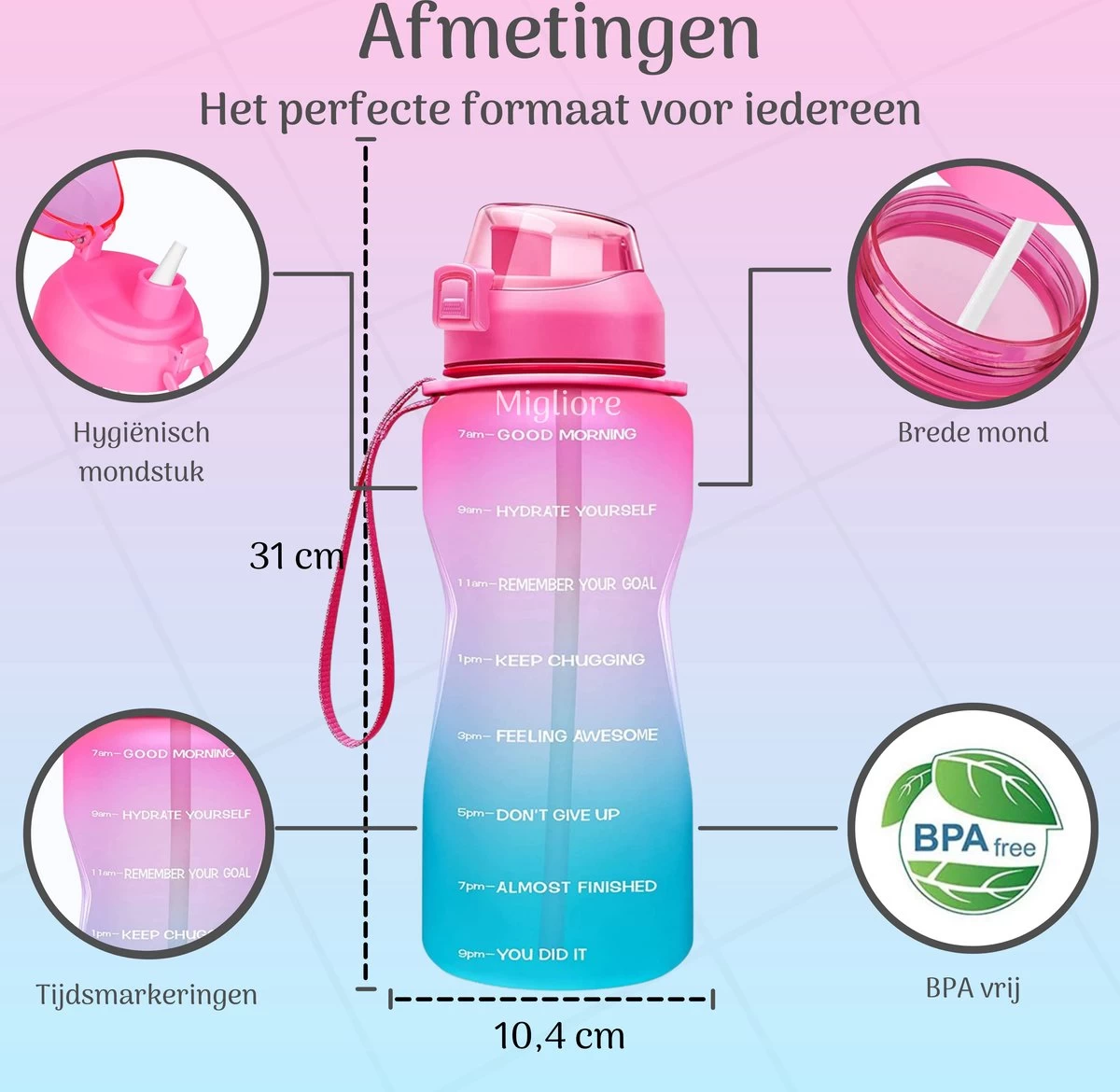 Migliore Waterfles 2 Liter- Luxe Drinkfles Met Rietje - 2 Liter - Water Bottle - Motivatie Waterfles Met Tijdmarkeringen - Grote - Gallon - Afbeelding 5