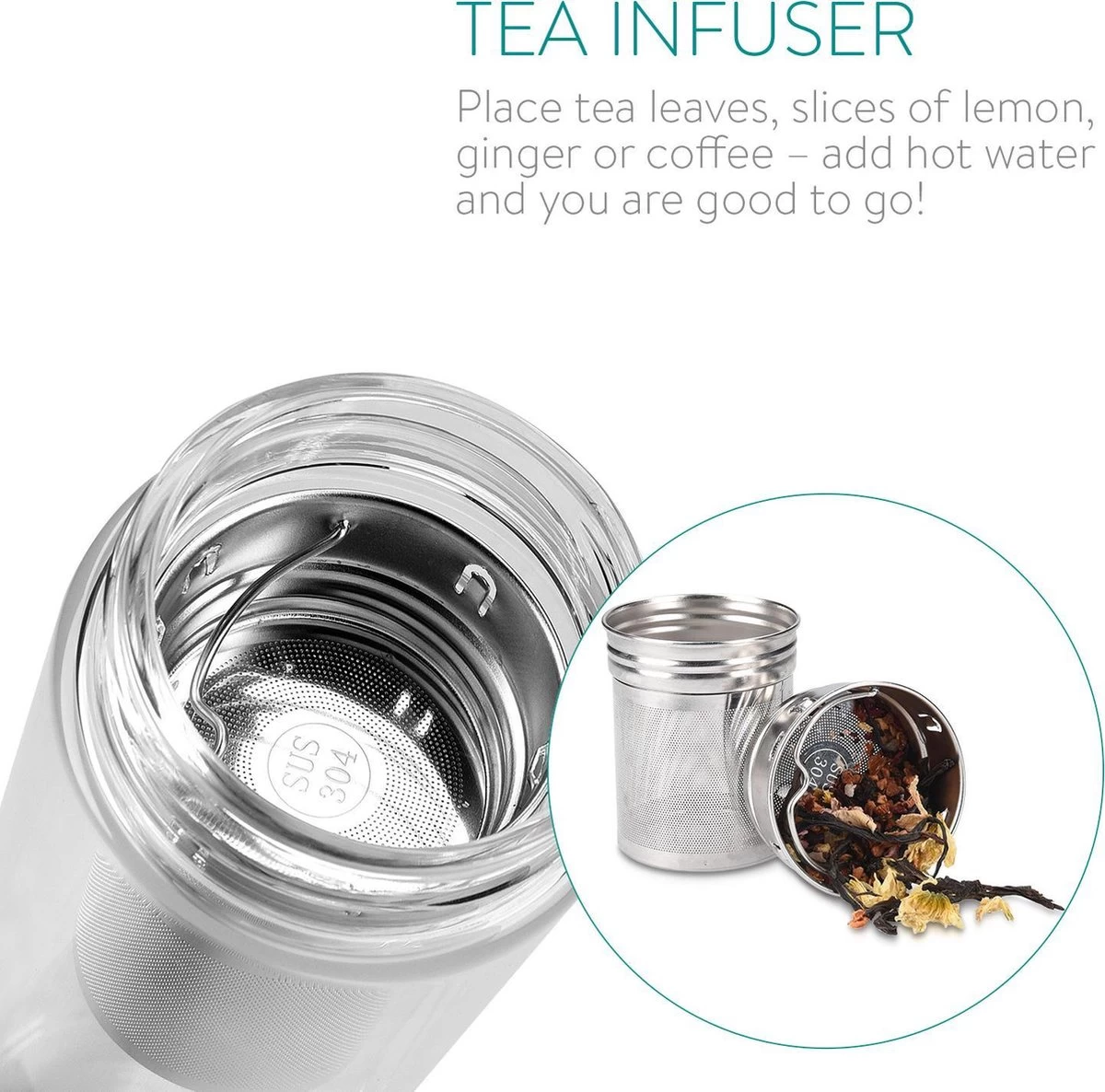 Navaris Glazen Theefles Met Filter - 500 Ml - Waterfles Van Glas - Dubbelwandige Drinkfles - Fles Met Bamboe Dop, Thee Infuser En Hoes - Afbeelding 3