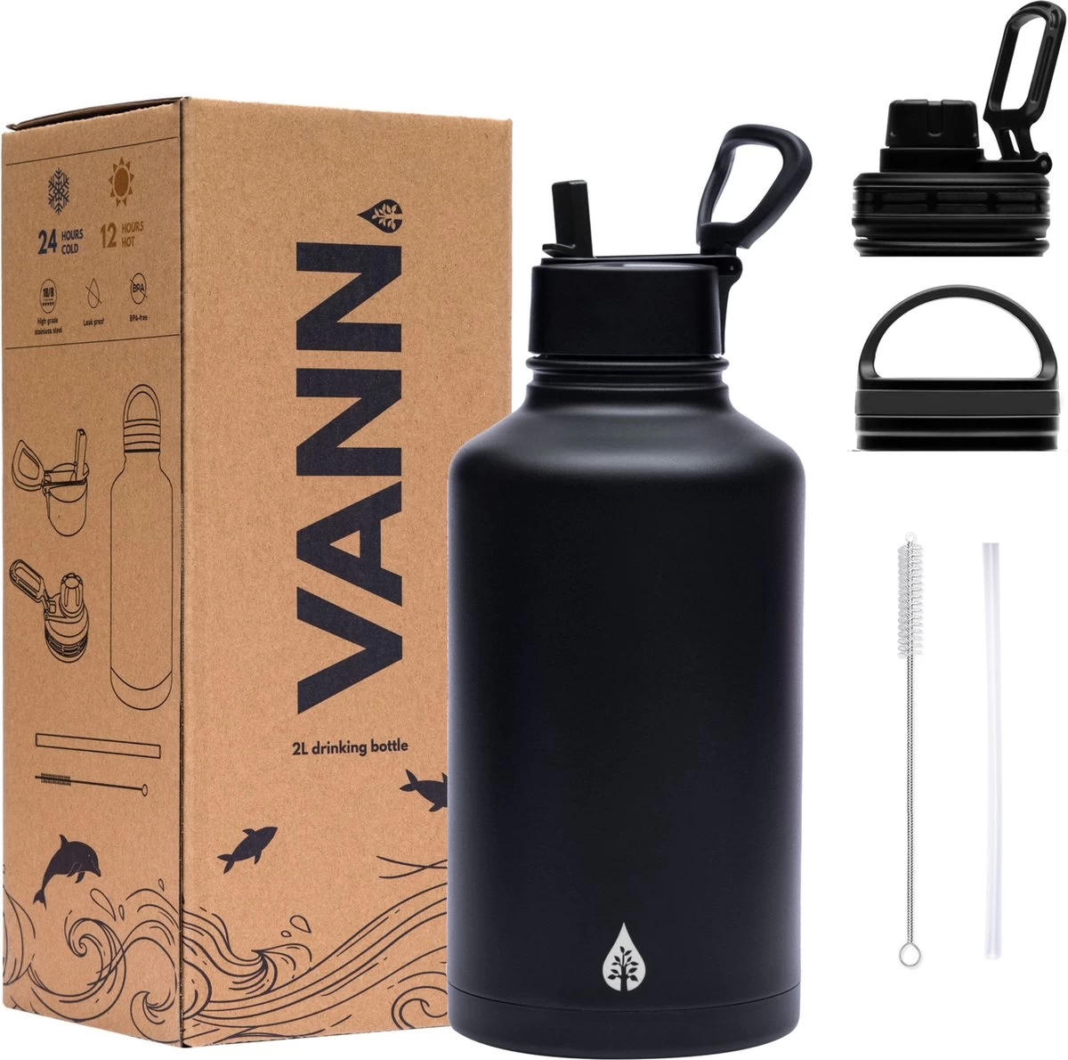 Drinkfles 2 Liter Met Rietje Waterjug Volwassenen - Complete Set - RVS 2L - 24uur Koud/12 Uur Warm - Zwart