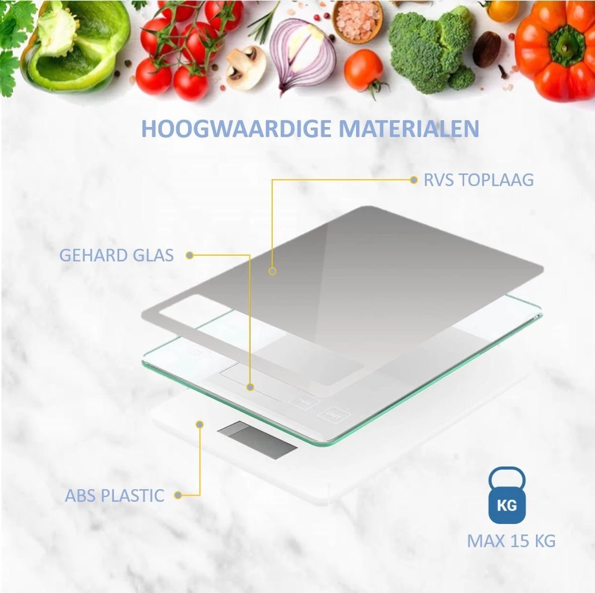 Hermanos® Digitale Precisie Keukenweegschaal - Weegschaal Keuken - 1 Gr Tot 15 Kg - Tarra Functie - Bluetooth Met Voedingsapp - Incl. Batterijen - RVS - Afbeelding 8