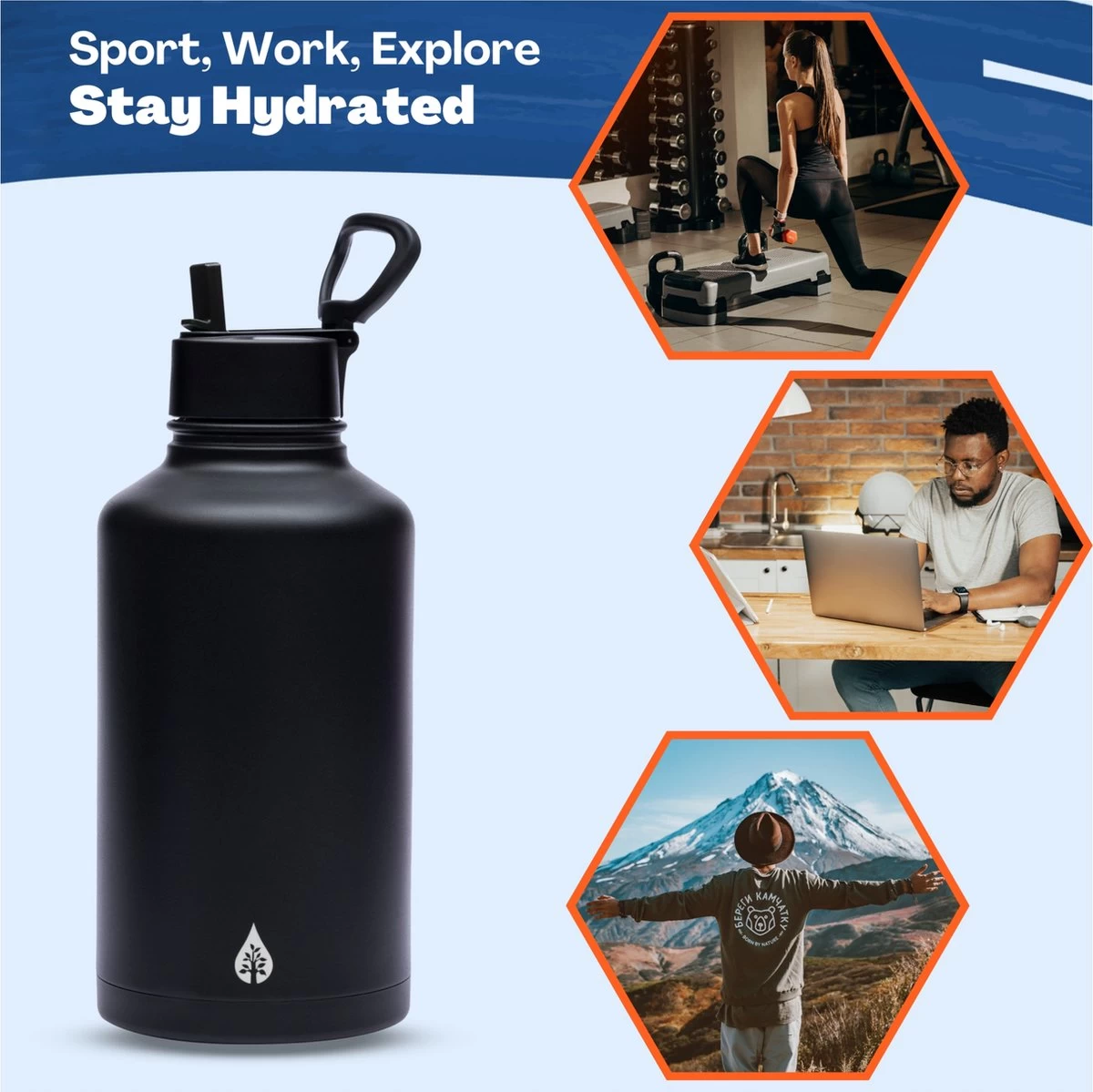 Drinkfles 2 Liter Met Rietje Waterjug Volwassenen - Complete Set - RVS 2L - 24uur Koud/12 Uur Warm - Zwart - Afbeelding 4