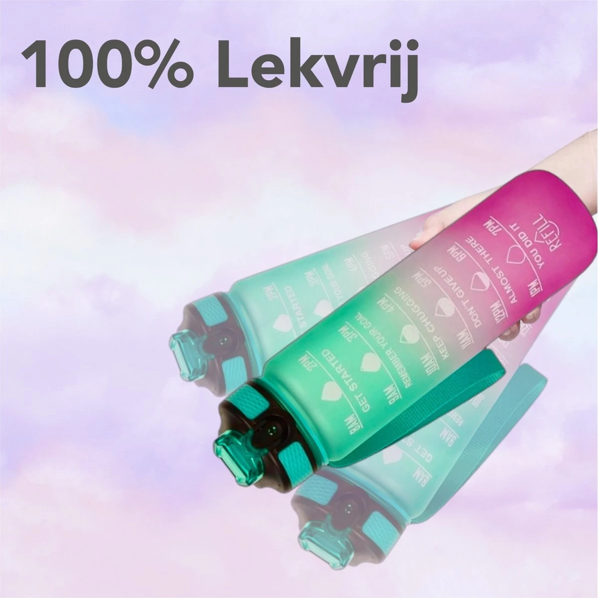 Seniq Motivatie Waterfles - 1 Liter - Drinkfles Met Tijdmarkering - Rietje - Groen Paars - Afbeelding 6