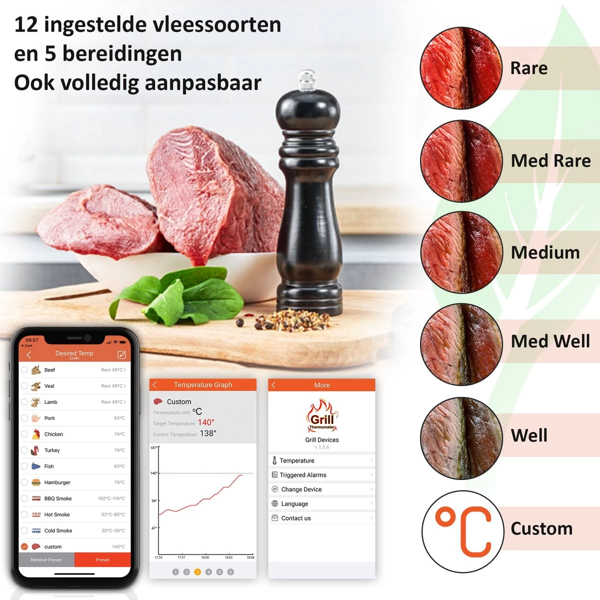 Claire BF-5 BBQ Thermometer - Vleesthermometer - Oventhermometer - Draadloos Met App - Incl. Batterijen En 6 Meetsondes - Afbeelding 4