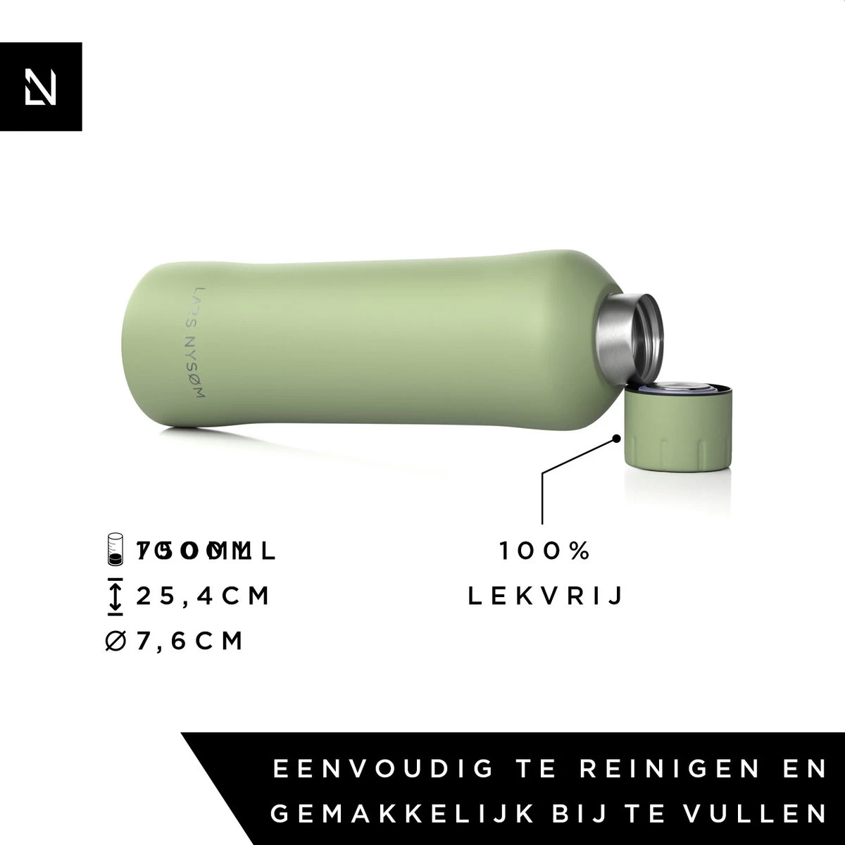 LARS NYSØM Roestvrijstalen Drinkfles 'Bølge' 750ml Sage - Afbeelding 3