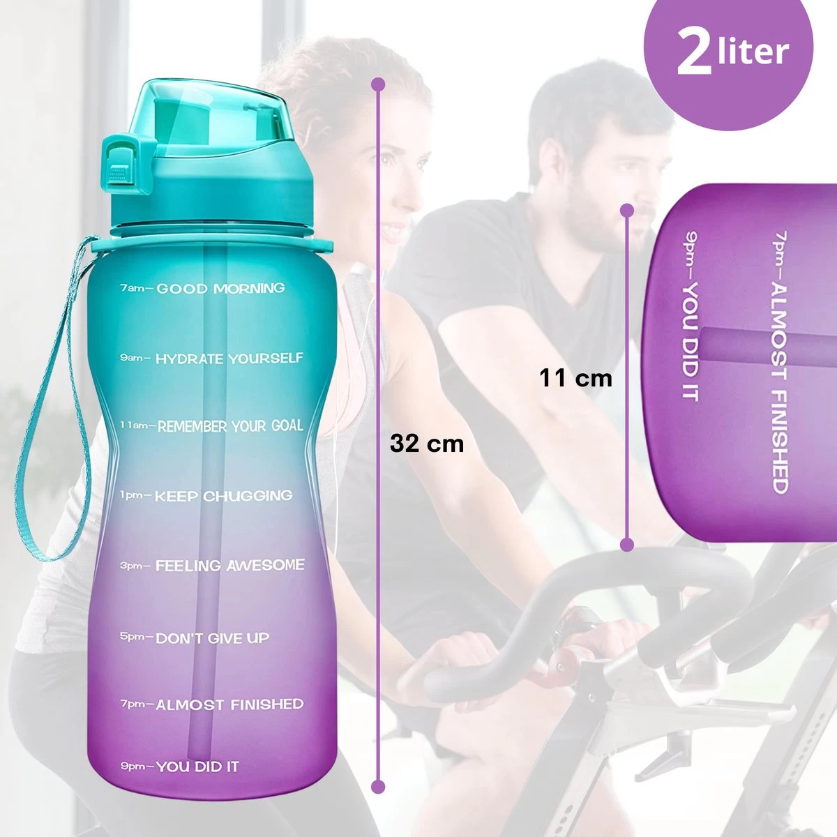 Motivatie Waterfles 2 Liter - Bidon - Sportdrankfles - Grote Waterfles - Gallon - Rietje - Tijdsmarkering - Groen/Paars - Afbeelding 2