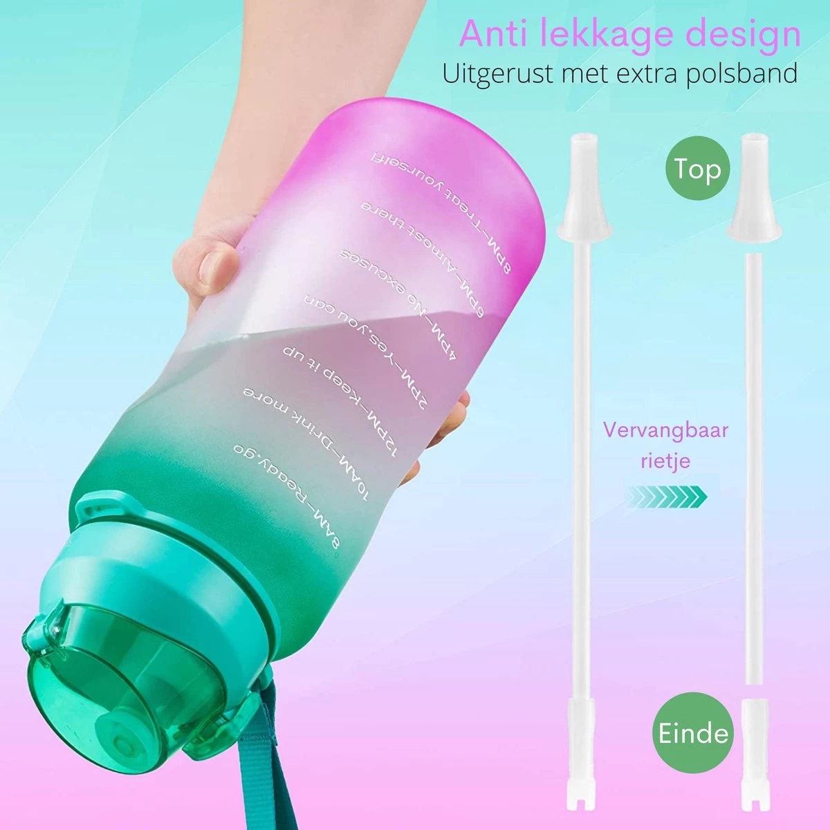 Motivatie Waterfles 2 Liter - Bidon - Sportdrankfles - Grote Waterfles - Gallon - Rietje - Tijdsmarkering - Groen/Paars - Afbeelding 3