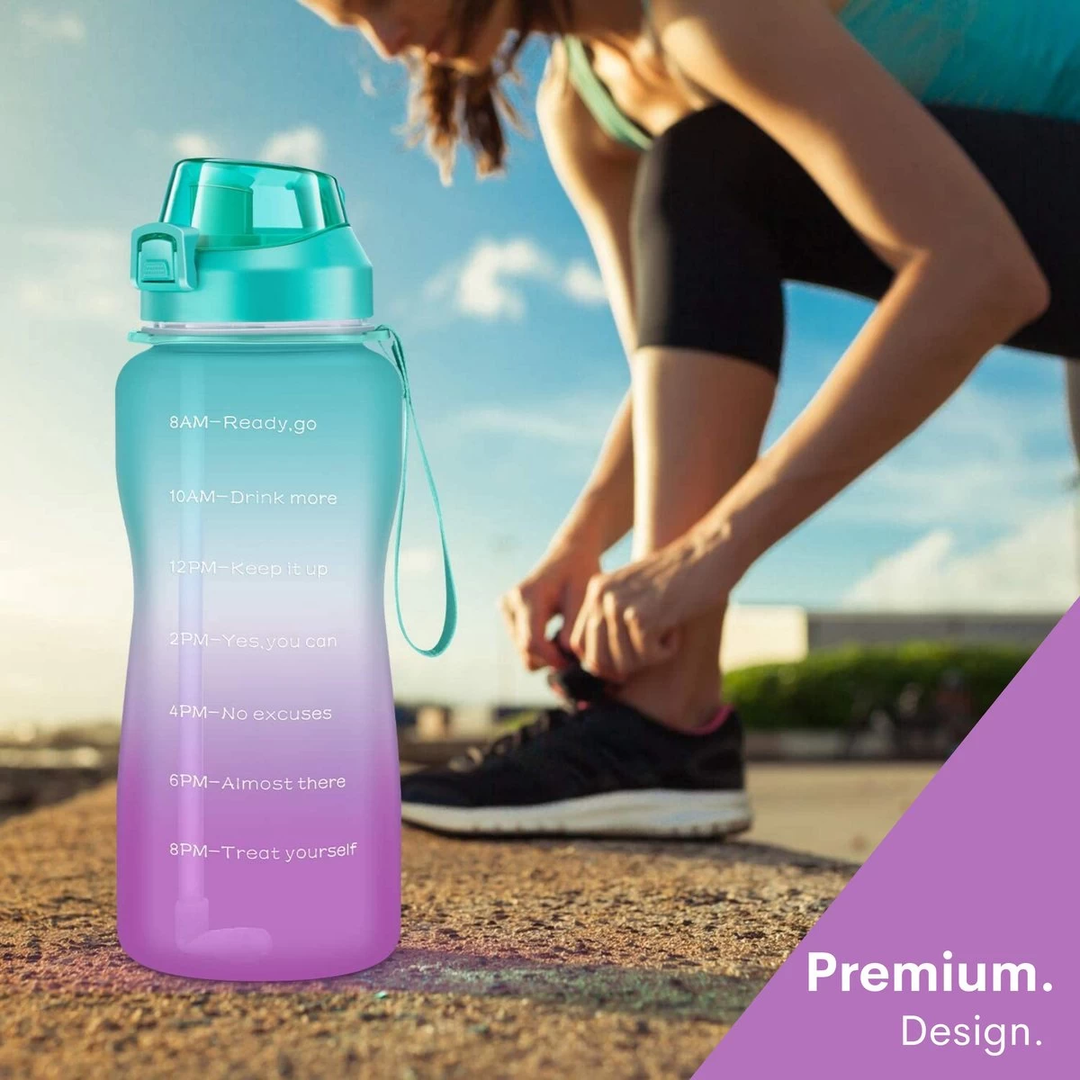 Motivatie Waterfles 2 Liter - Bidon - Sportdrankfles - Grote Waterfles - Gallon - Rietje - Tijdsmarkering - Groen/Paars - Afbeelding 4