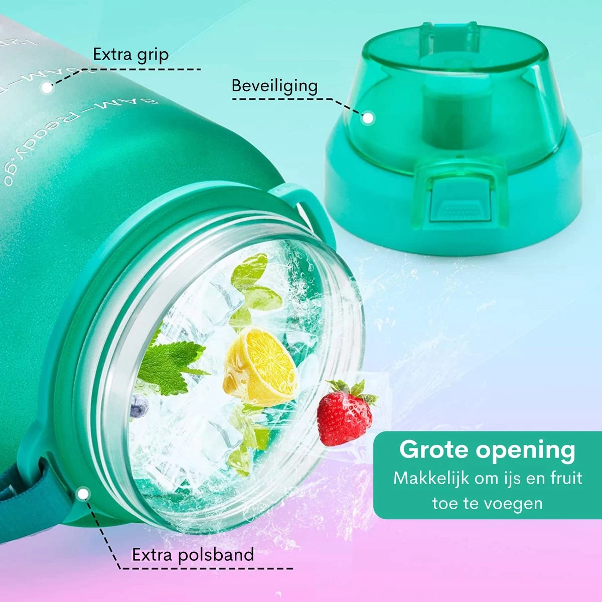 Motivatie Waterfles 2 Liter - Bidon - Sportdrankfles - Grote Waterfles - Gallon - Rietje - Tijdsmarkering - Groen/Paars - Afbeelding 7
