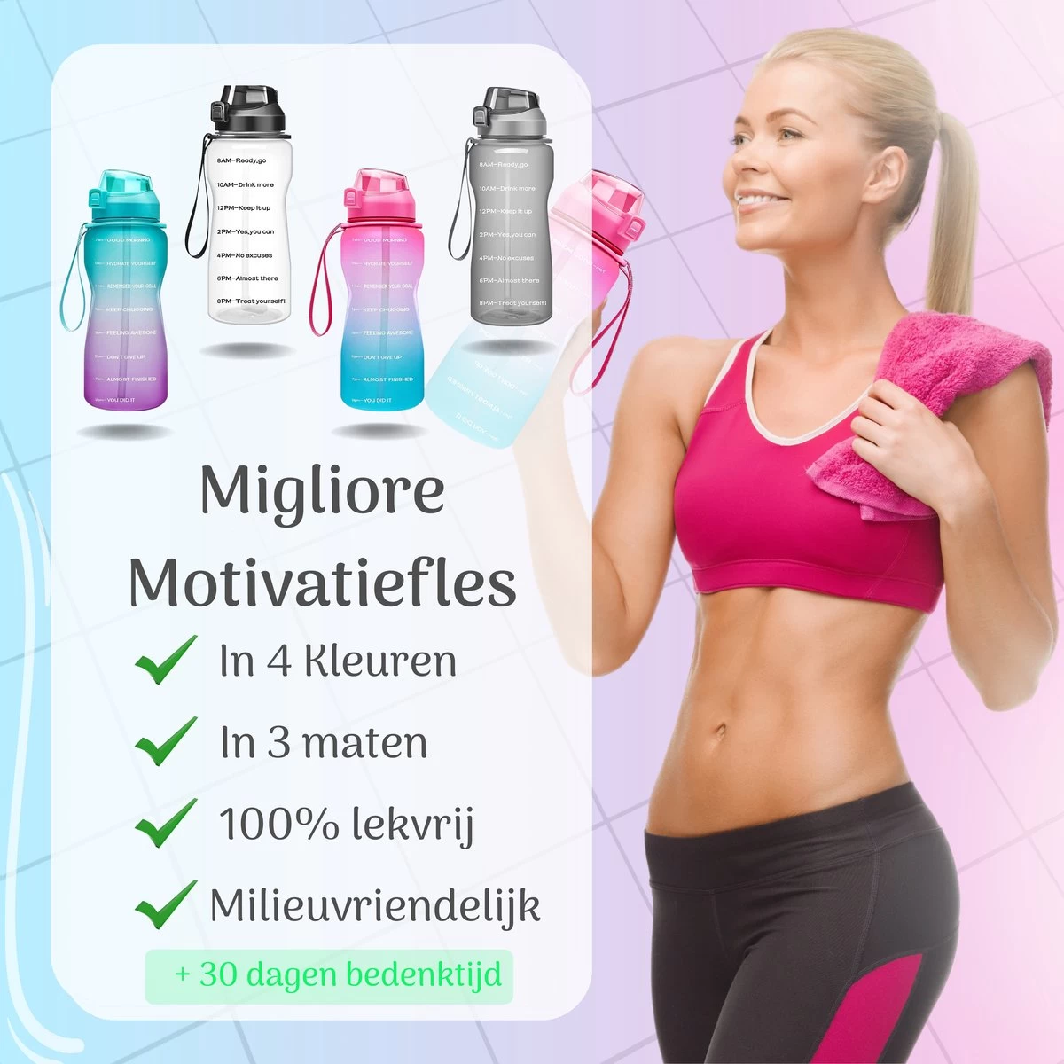 Migliore Waterfles 2 Liter- Luxe Drinkfles Met Rietje - 2 Liter - Water Bottle - Motivatie Waterfles Met Tijdmarkeringen - Grote - Gallon - Afbeelding 2