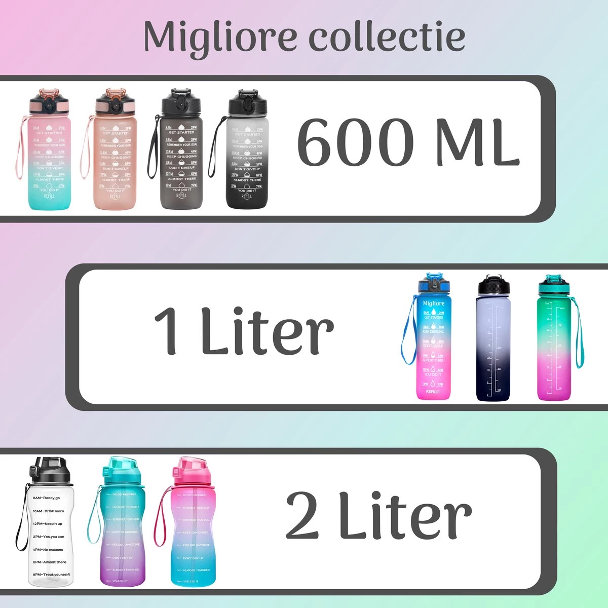 Migliore Waterfles 2 Liter- Luxe Drinkfles Met Rietje - 2 Liter - Water Bottle - Motivatie Waterfles Met Tijdmarkeringen - Grote - Gallon - Afbeelding 3