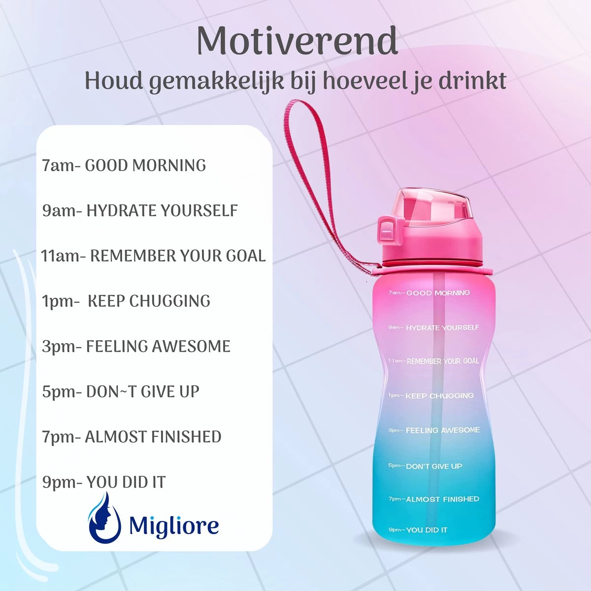 Migliore Waterfles 2 Liter- Luxe Drinkfles Met Rietje - 2 Liter - Water Bottle - Motivatie Waterfles Met Tijdmarkeringen - Grote - Gallon - Afbeelding 7