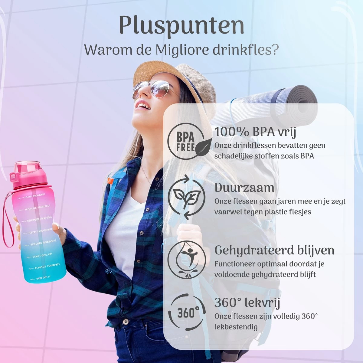 Migliore Waterfles 2 Liter- Luxe Drinkfles Met Rietje - 2 Liter - Water Bottle - Motivatie Waterfles Met Tijdmarkeringen - Grote - Gallon - Afbeelding 8