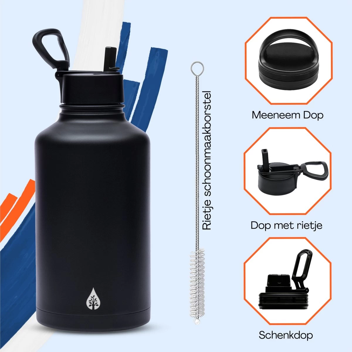 Drinkfles 2 Liter Met Rietje Waterjug Volwassenen - Complete Set - RVS 2L - 24uur Koud/12 Uur Warm - Zwart - Afbeelding 6