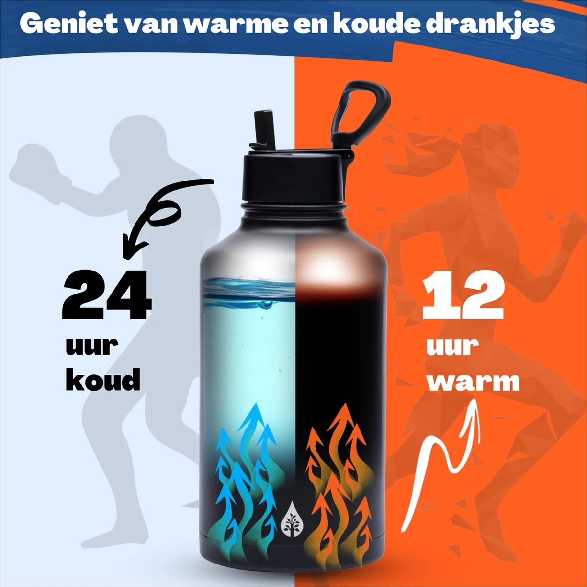 Drinkfles 2 Liter Met Rietje Waterjug Volwassenen - Complete Set - RVS 2L - 24uur Koud/12 Uur Warm - Zwart - Afbeelding 8