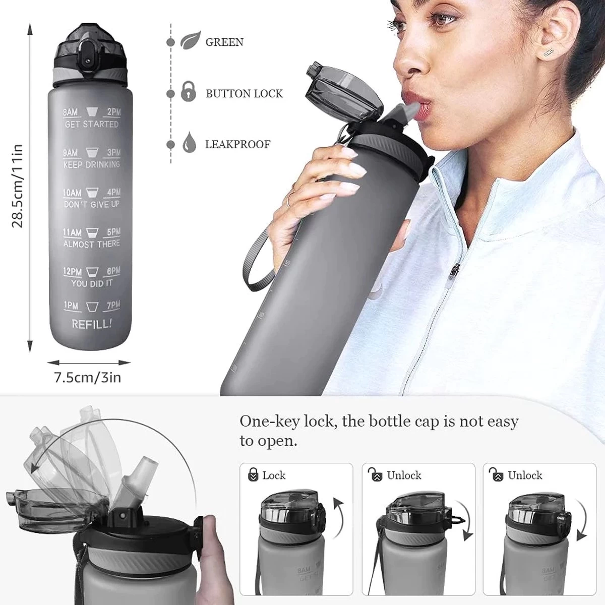 Merkloos Drinkfles – Luxe Drinkfles Met Rietje – Waterfles 1 Liter – Water Bottle – Motivatie Waterfles Met Tijdmarkeringen - Afbeelding 2