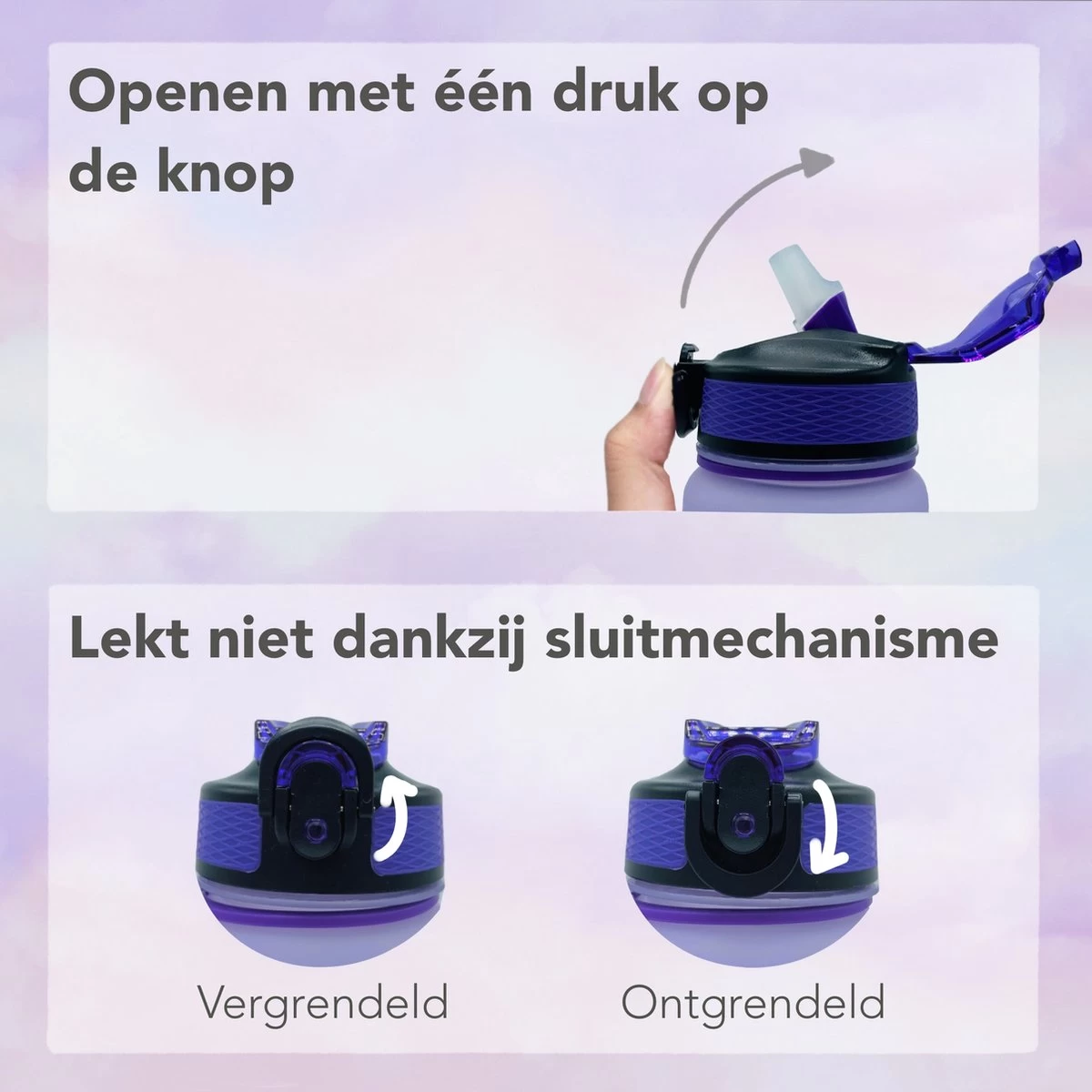 Seniq Motivatie Waterfles - 1 Liter - Drinkfles Met Tijdmarkering - Rietje - Paars Oranje - Afbeelding 2