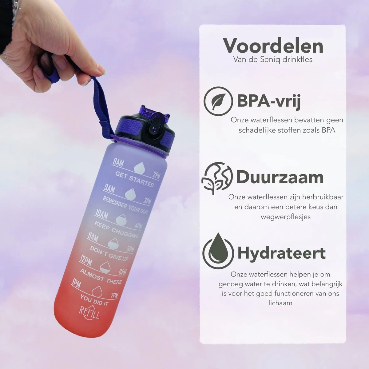 Seniq Motivatie Waterfles - 1 Liter - Drinkfles Met Tijdmarkering - Rietje - Paars Oranje - Afbeelding 4