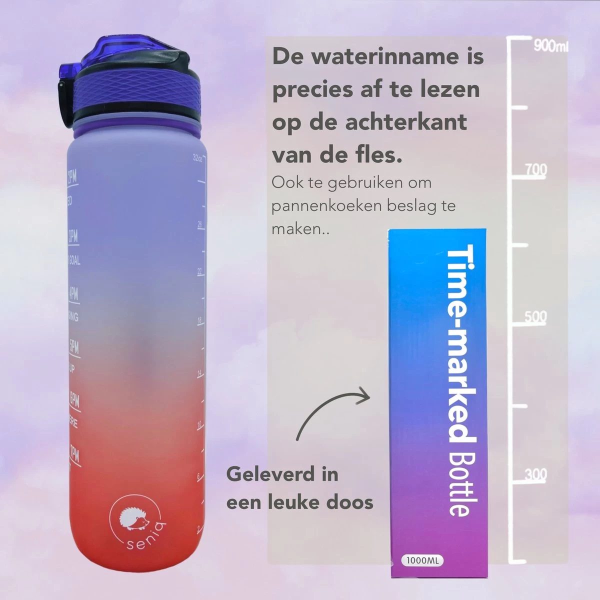 Seniq Motivatie Waterfles - 1 Liter - Drinkfles Met Tijdmarkering - Rietje - Paars Oranje - Afbeelding 7