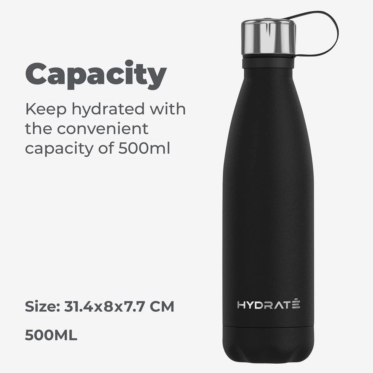 HYDRATE Super Geïsoleerde Drinkfles Roestvrij Staal Thermos 500ml - BPA Vrij, Vacuüm Drinkfles - 24 Uur Koud & 12 Uur Heet Waterfles - Voor Mannen, Vrouwen & Volwassenen - Afbeelding 4