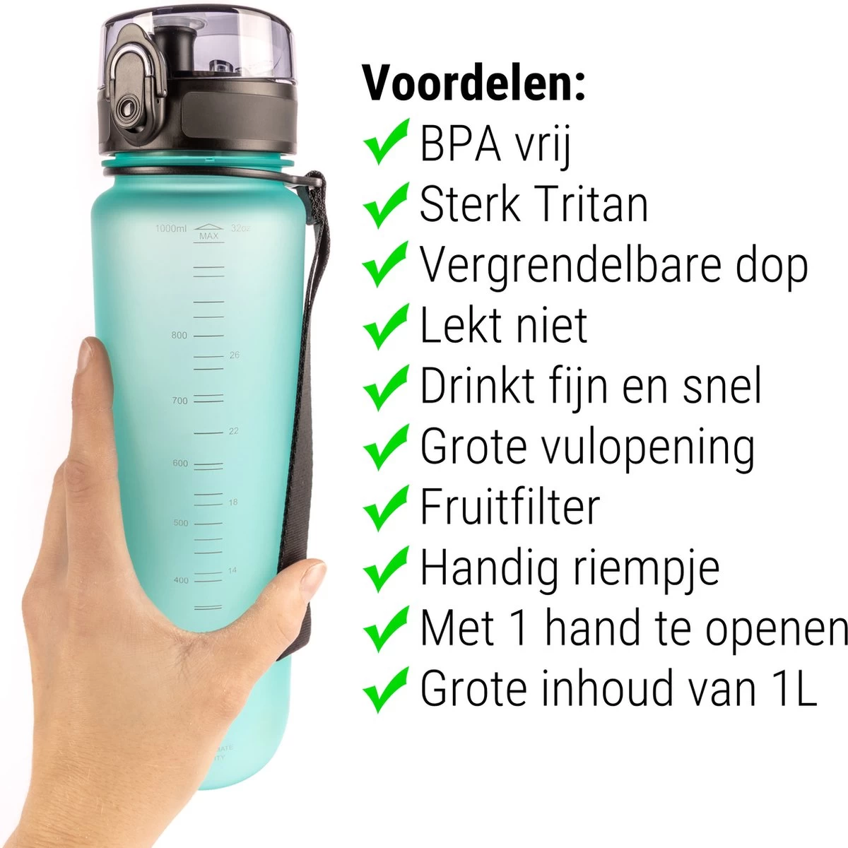 Drinkfles - 1 Liter - Sport Bidon Drinkbus 1000ml - Lichtblauw - King Mungo KMDF043 - Afbeelding 3