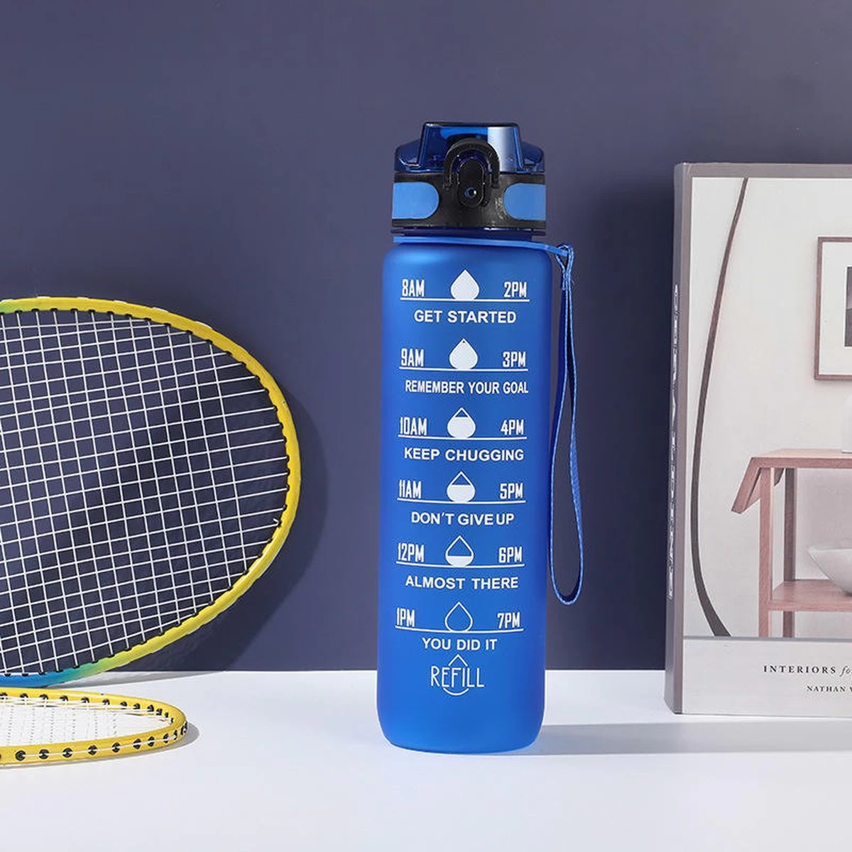 Waterfles Met Tijdmarkering - Motivatie Drinkfles Met Rietje - 1 Liter Waterfles - BPA Vrij - Blauw - Afbeelding 4