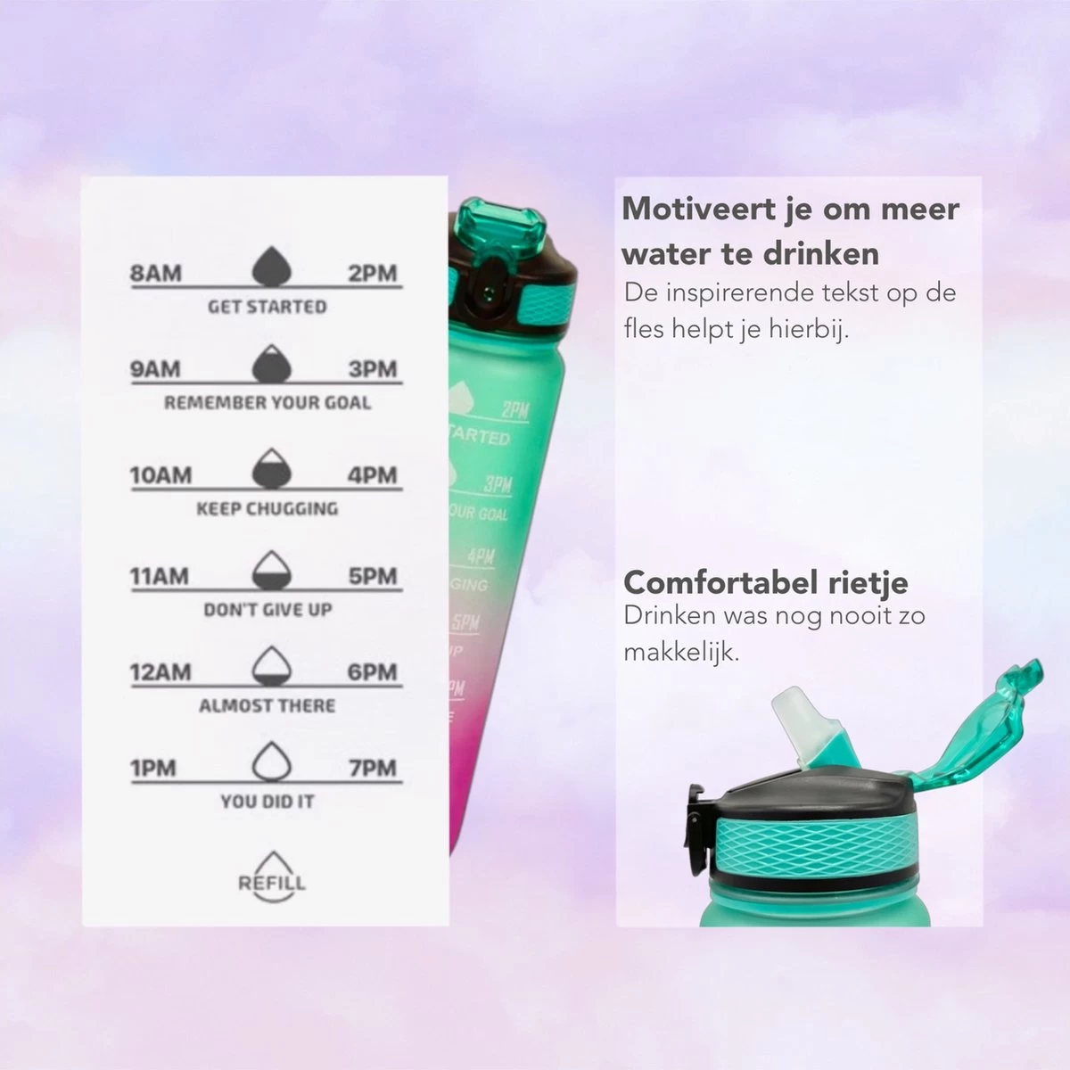 Seniq Motivatie Waterfles - 1 Liter - Drinkfles Met Tijdmarkering - Rietje - Groen Paars - Afbeelding 2