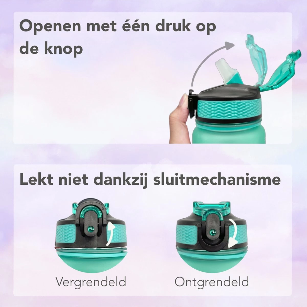 Seniq Motivatie Waterfles - 1 Liter - Drinkfles Met Tijdmarkering - Rietje - Groen Paars - Afbeelding 3