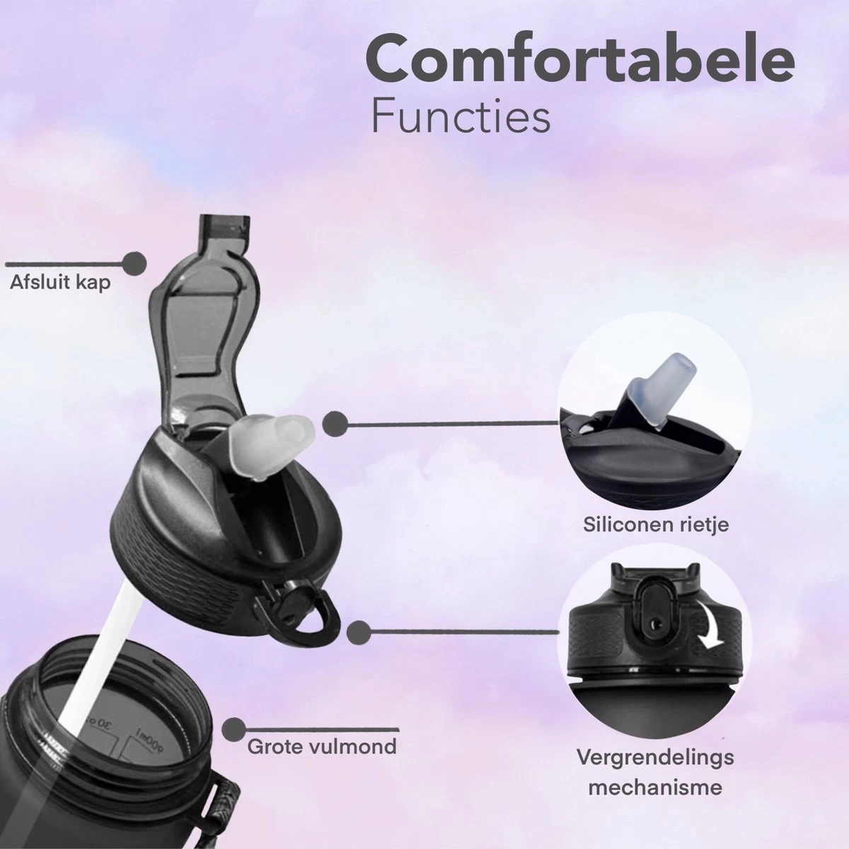 Seniq Motivatie Waterfles - 1 Liter - Drinkfles Met Tijdmarkering - Rietje - Groen Paars - Afbeelding 4