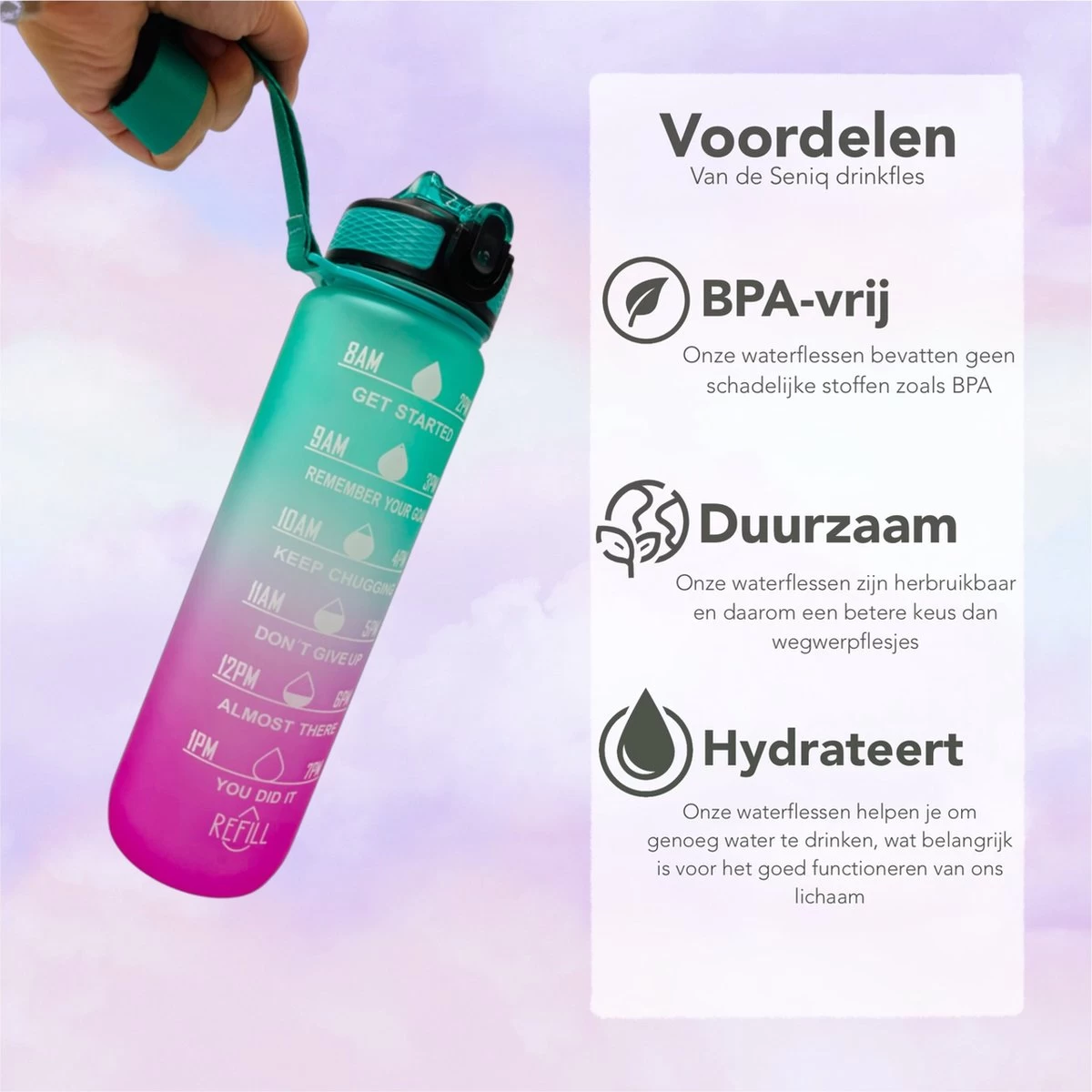 Seniq Motivatie Waterfles - 1 Liter - Drinkfles Met Tijdmarkering - Rietje - Groen Paars - Afbeelding 5